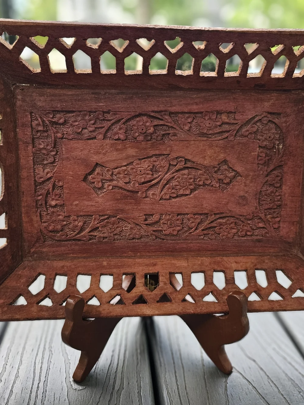 Vintage Hand Carved Wood Serving Tray India Boho Lattice Cutout Floral